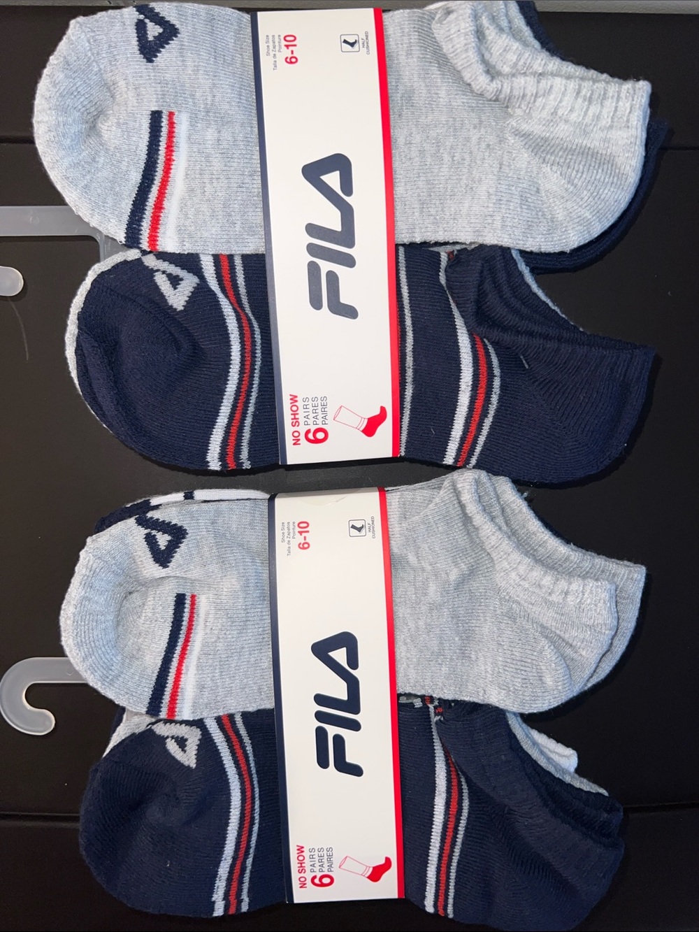 Fila No Show Socks, Navy/Grey/White, Size: 6-10 (2 packs)
